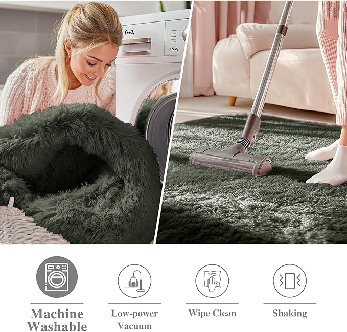 OLANLY Olive Green Round Rugs for Bedroom - Machine Washable, 3 ft Circle Area Rugs for Living Room, Soft and Fluffy Shaggy Carpet for Teen Girl and Boys, Nursery Rooms, Dorms, Home Decor Aesthetic