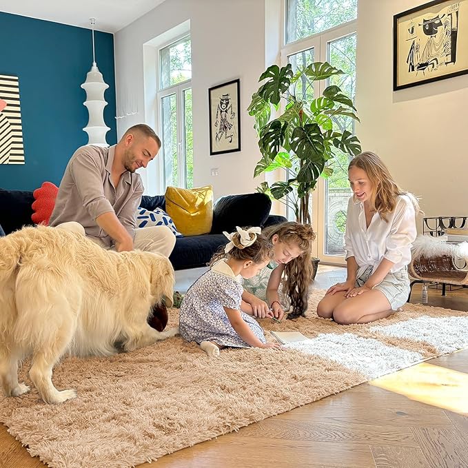 OLANLY 5x12 Machine Washable Large Area Rugs for Living Room, Bedroom, Soft Fluffy Shaggy Bedside Rug, Indoor Floor Carpet for Kids Girls and Boys, Dorms, Nursery, Home Decor Aesthetic, Beige