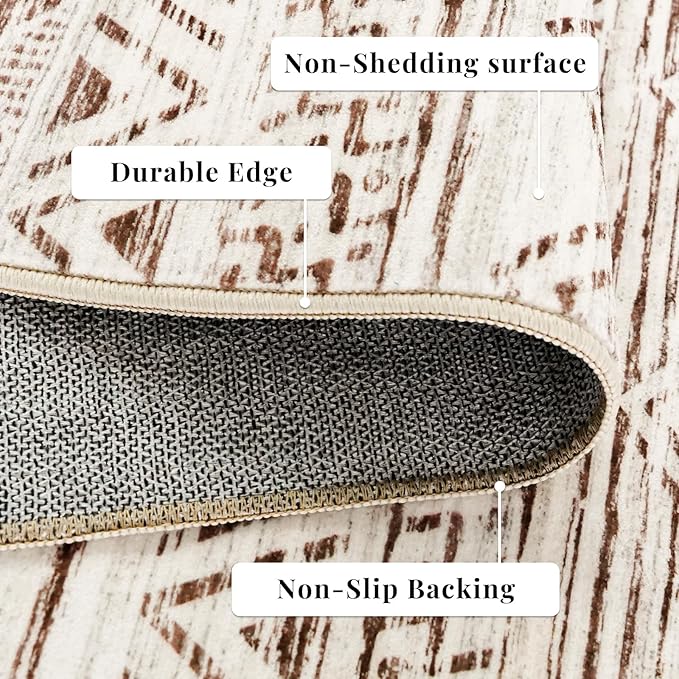 4x8 Washable Hallway Runner Rug：Moroccan Non-Slip Wide Runners for Entryway Kitchen Soft Modern Geometric Low-Pile Rugs for Living Room Thin Waterproof Carpet for Bedroom Bathroom Laundry(Beige,4x8)