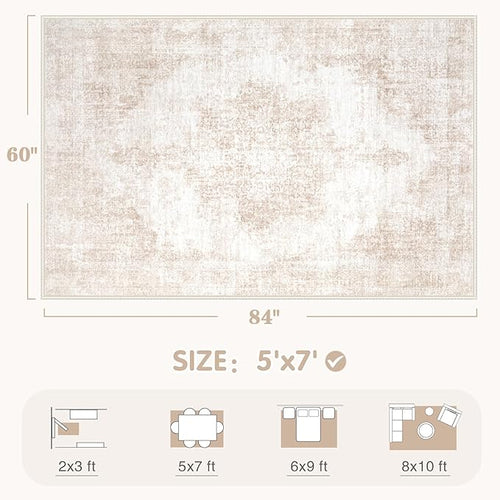 Area Rug 5x7 Vintage Rugs: Washable Living Room Rug Retro Medallion Distressed Large Rug Soft Low Pile Non-Slip Rugs Indoor Floor Carpet for Bedroom Kitchen Nursery Dining Table Office (Beige/Brown)