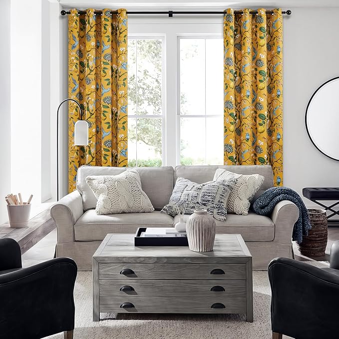 Topfinel 102 Inches Long Mustard Yellow Luxury Curtains for Living Room Bedroom, Blackout Vintage Art Deco Victorian Curtains Floral Lemon Hummingbird Printed Grommet Drape 102 Inch Length