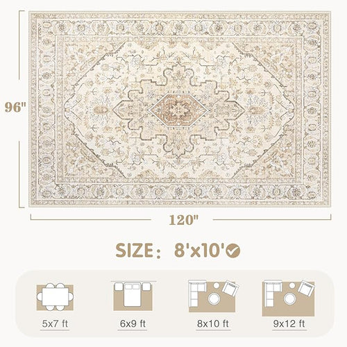 Area Rugs 8x10 Vintage Rug: Large Washable Living Room Rug Retro Medallion Distressed Soft Low Pile Non-Slip Indoor Floor Carpet for Bedroom Kitchen Nursery Dining Office (BeigeBrown, 8'x10')
