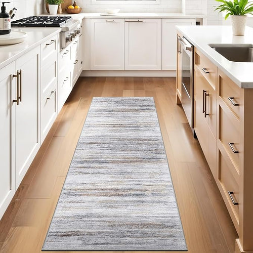 3x9 Washable Runner Rug for Family: Easy-to-Clean Runners for Hallway Entryway Kitchen Bedroom - Stain and Water Resistant Rugs with Non-Slip Backing - Soft Low-Pile Carpet Beige Grey