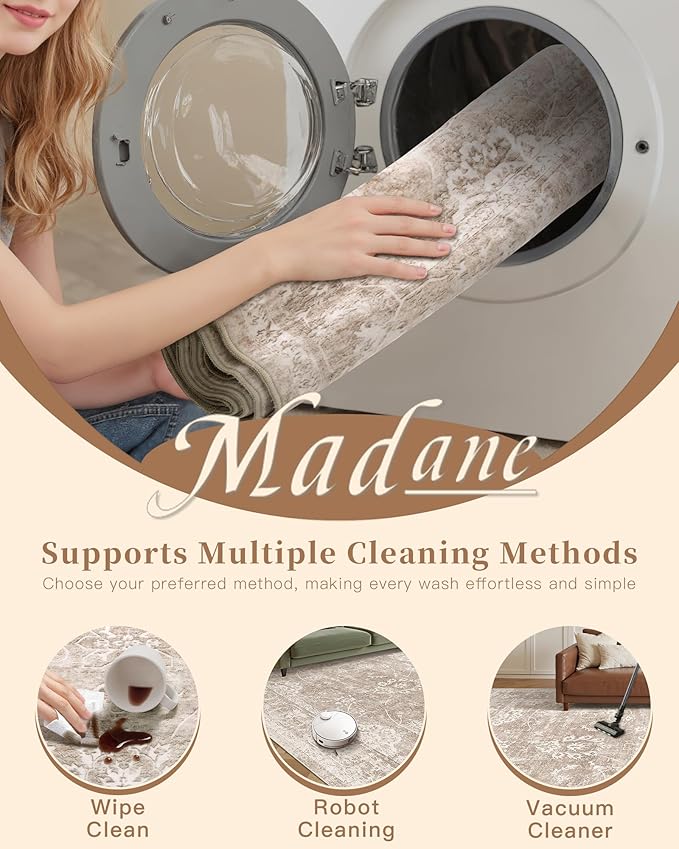 Madane 2x3 Washable Rugs for Entryway, Low Pile Non-Slip Small Area Rug Kitchen Door Mat, Vintage Soft Throw Neutral Rug Floor Mat for Indoor Front Entrance Bathroom Hallway (2 x 3, Brown/Sand)