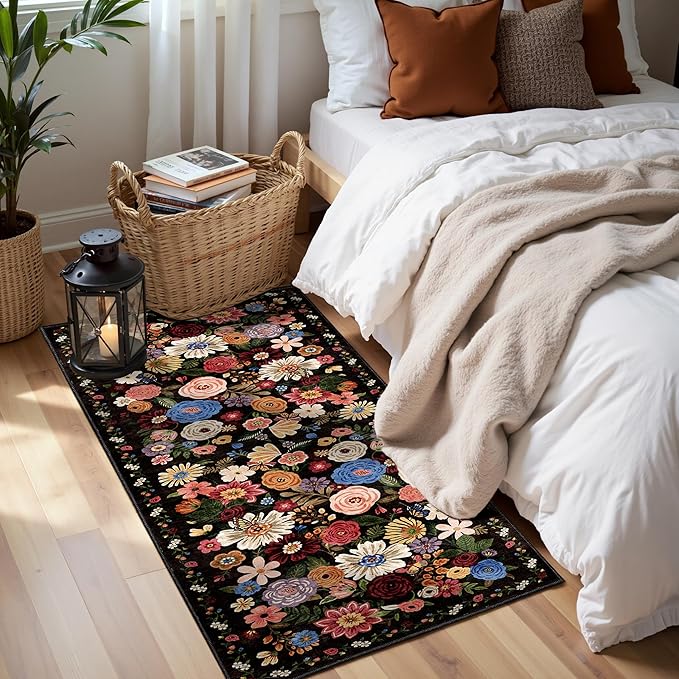 2x4 Entryway Runner Rugs, Non Slip Washable Rugs with Rubber Backing Soft Floral Carpet Runner for Kitchen, Laundry, Bedroom, Bathroom(2 x 4, Black/Brown)