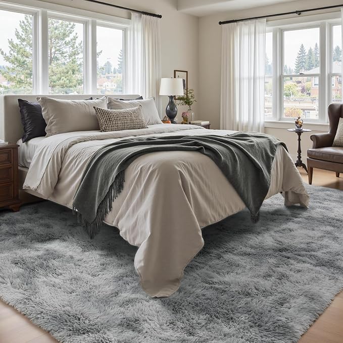 4x6 Ft Shag Rugs for Bedroom Living Room, Tie-Dyed Ultra Soft Fluffy Furry Area Rugs for Indoor Floor, Aesthetic Carpet for Kids Home Decor (Grey)