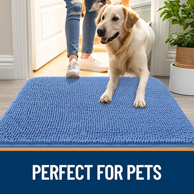 OLANLY Dog Door Mat for Muddy Paws 70x32, Absorbs Moisture and Dirt, Absorbent Non-Slip Washable Doormat, Quick Dry Chenille Mud Mat, Entry Indoor Entryway Carpet for Inside Floor, Cornflower Blue