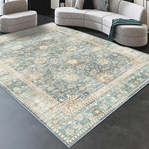 8x10 Vintage Living Room Area Rug - Large Soft Washable Indoor Floor Oriental Farmhouse Rugs for Bedroom, Home Office House Decor, Ocean Terracotta