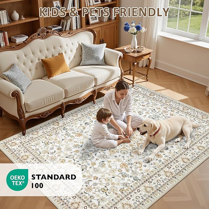 Hallway Runner Rug Non Slip - Washable 2.6x8 Kitchen Rugs for Living Room, Low-Pile Soft Bedroom Rug Indoor Floor Stain Resistant Carpets for Entryway, Laundry, Bathroom Beige