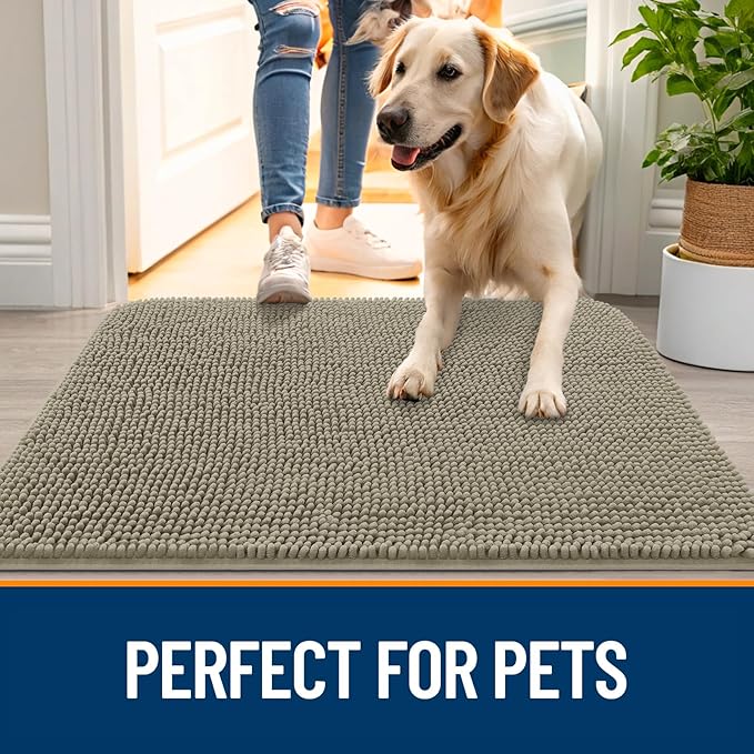 OLANLY Dog Door Mat for Muddy Paws 44x32, Absorbs Moisture and Dirt, Absorbent Non-Slip Washable Doormat, Quick Dry Chenille Mud Mat, Entry Indoor Entryway Carpet for Inside Floor, Warm Taupe