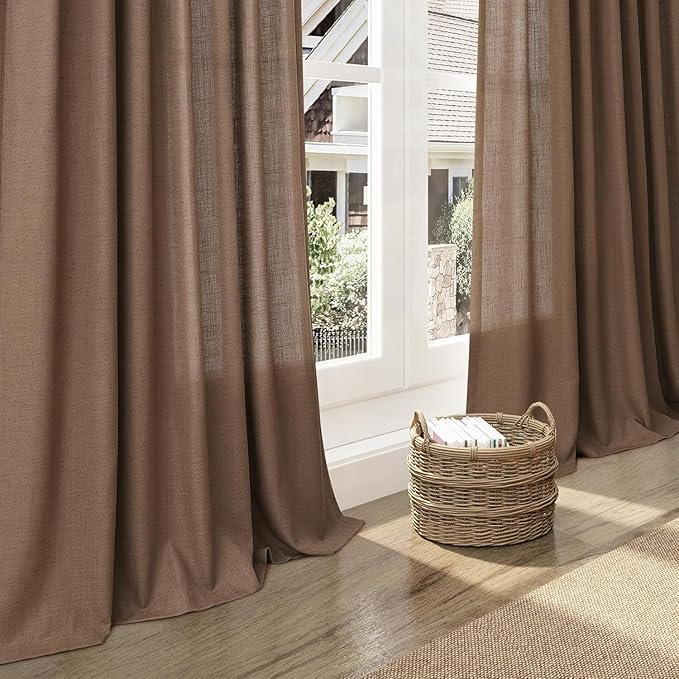 Nanspring Caramel Brown Linen Curtains for Living Room 92 Inches Long Back Tab Light Filtering Semi Sheer Vintage Rustic Curtain Luxury Boho Decor Drapes for Bedroom Office 52x92, 2 Panels