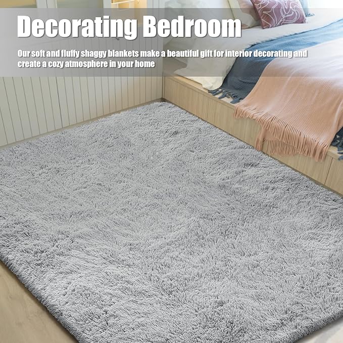 Ultra Soft Fluffy Area Rugs for Bedroom Living Room 10x14, Nursery Rug, Non-Slip Carpet for Kids Dorms Decor, Shaggy Bedside Rug, Light Grey
