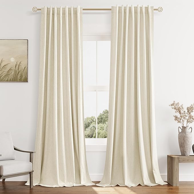 Guken 100% Blackout Curtains 108 Inch Length 2 Panels Set for Living Room Bedroom Back Tab Thermal Insulated Black Out Linen Drapes Room Darkening Window Curtains Warm Beige 52x108