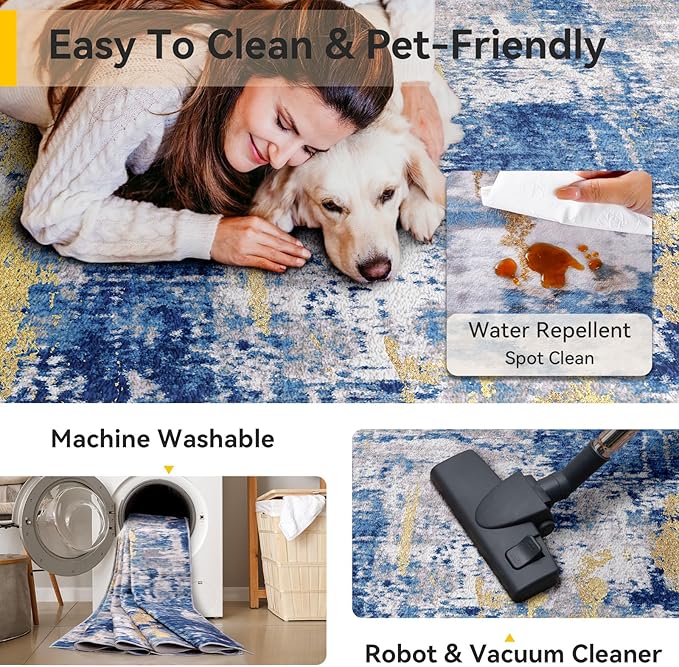 Washable Area Rugs 2'6''x10 Non-Slip Modern Abstract Soft for Living Room Entryway Bedroom Nursery, Print Pattern, Grey Blue Gold/Golden