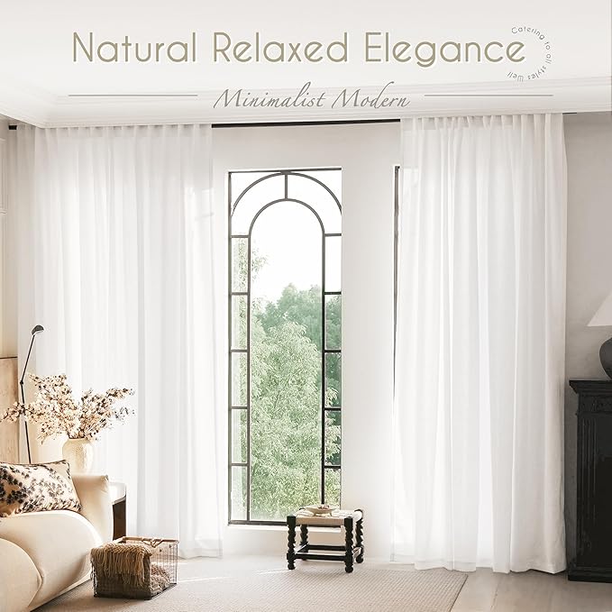 Linen White Curtains 90 inches Long for Bedroom Loop Pocket Privacy Light Filtering Semi Sheer White Boho Farmhouse Curtain Drapes Cotton Textured Modern Elegant Coastal Living Room Decor 42x90