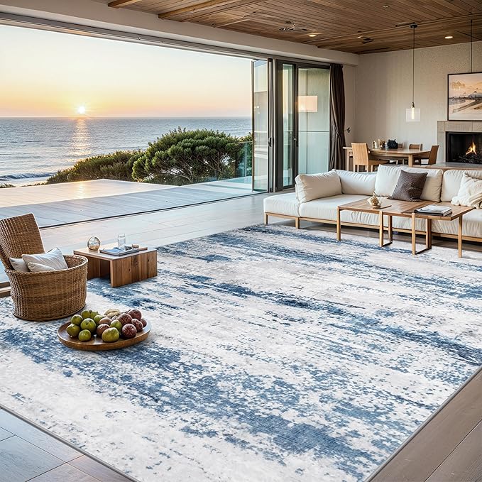 Area Rugs 9x12 Living Room - Washable Rug Modern Abstract Soft Large Neutral Non-Slip Carpet Indoor Floor Thin Carpets for Bedroom Dining Room Farmhouse Nursery Home Office White Blue Grey
