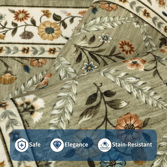 GarveeHome Grey Floral Rug 4x6 Rug Machine Washable Area Rug for Living Room Farmhouse Floral Low Pile for Dining Room, Bedroom Indoor Foldable Non-Slip Green RV