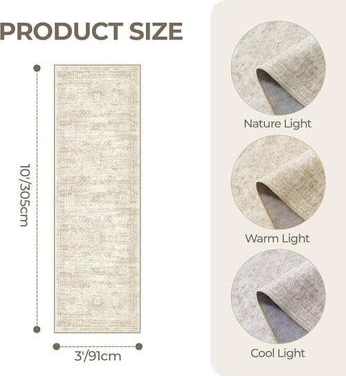 3x10 Runner Rug Non Slip Washable for Entryway, Vintage Hallway Runner for Front Porch, Laundry Room, Bedroom, Abstract Stain Resistant Thin Indoor Kitchen Mats for Floor(3'x10', Beige/Ivory)