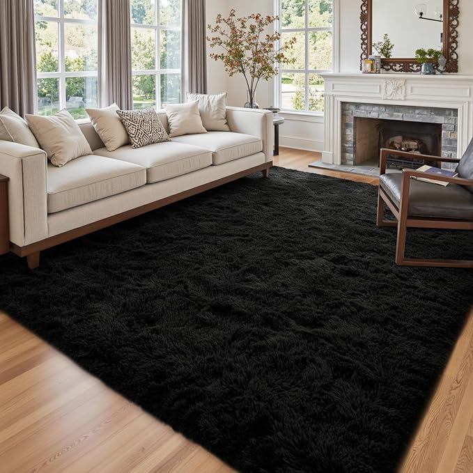 8x10 Ft Large Shag Black Rug for Living Room, Ultra Soft Fluffy Furry Area Rugs for Bedroom Indoor Floor, Aesthetic Carpet for Kids Home Decor