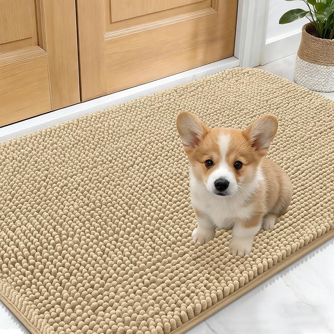 OLANLY Dog Door Mat for Muddy Paws 24x16, Absorbs Moisture and Dirt, Absorbent Non-Slip Washable Doormat, Quick Dry Chenille Mud Mat for Dogs, Entry Indoor Entryway Carpet for Inside Floor, Beige