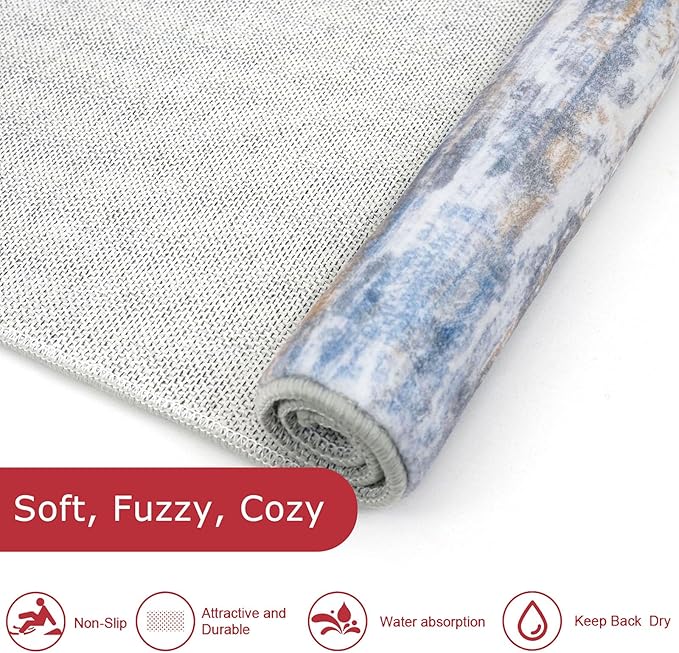 KOZYFLY Modern Abstract Hallway Runner Rug, 2x8 Kitchen Rugs Non-Slip Washable Soft Striped Runner Rugs, Print Blue Rust Carpet Runner for Entryway Bathroom Laundry Room Foyer