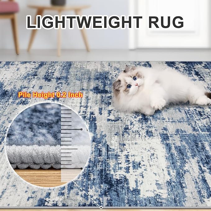 Area Rugs 10x14 Living Room - Washable Rug Modern Abstract Soft Large Neutral Non-Slip Carpet Indoor Floor Thin Carpets for Bedroom Dining Room Farmhouse Nursery Home Office Blue Gray