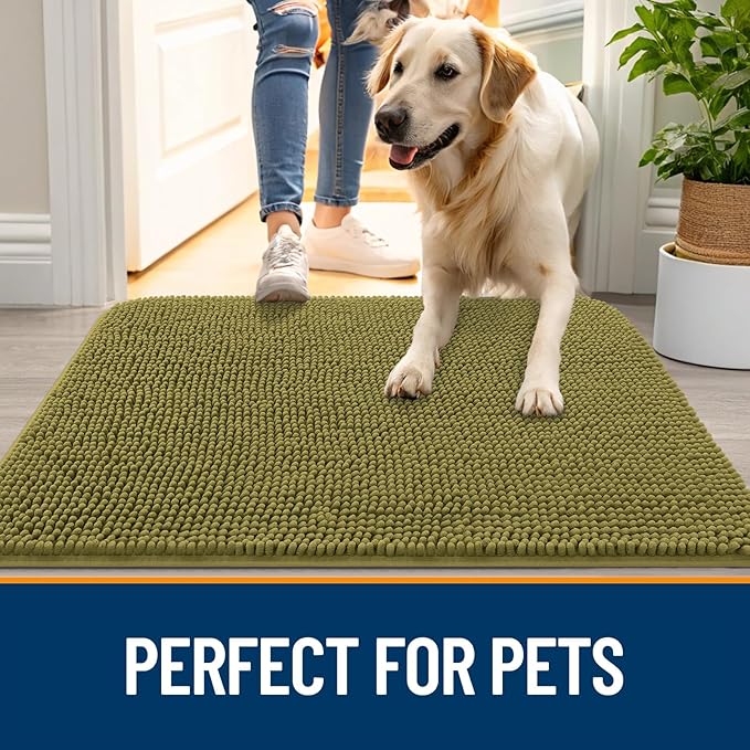 OLANLY Dog Door Mat for Muddy Paws 45x27, Absorbs Moisture and Dirt, Absorbent Non-Slip Washable Doormat, Quick Dry Chenille Mud Mat, Entry Indoor Entryway Carpet for Inside Floor, Willow Green