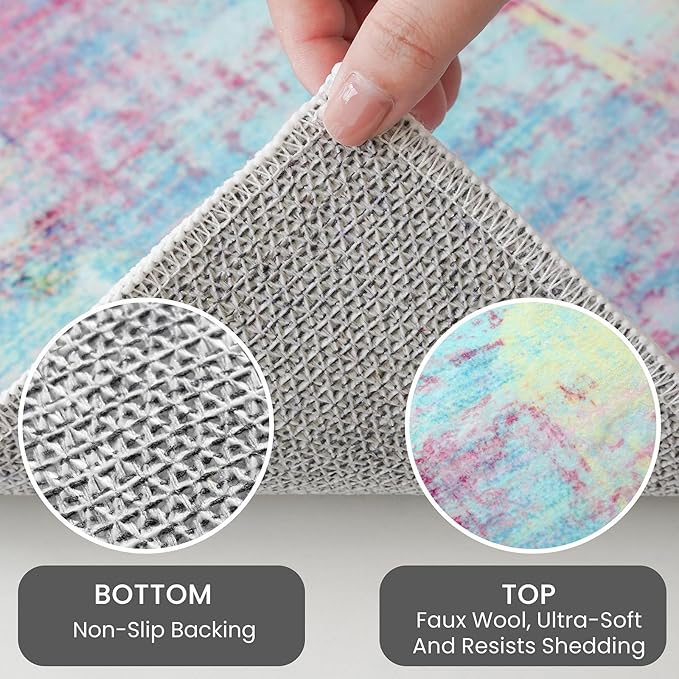 IOHOUZE Abstract Area Rug 3x5 Ft Washable Rugs for Entryway Indoor, Non Slip Kitchen Rug Printed Faux Wool Throw Rugs, Indoor Door Mat for Door Entrance Foyer Living Room, Pink Teal