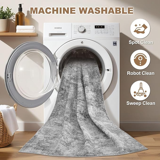 Nakagishi 8x10 Area Rugs Living Room: Washable Abstract Large Neutral Soft Rug Stain Resistant Modern Indoor Floor Non-Slip Carpet for Bedroom Nursery Kids Playroom Office Dining Room Dorm- Grey