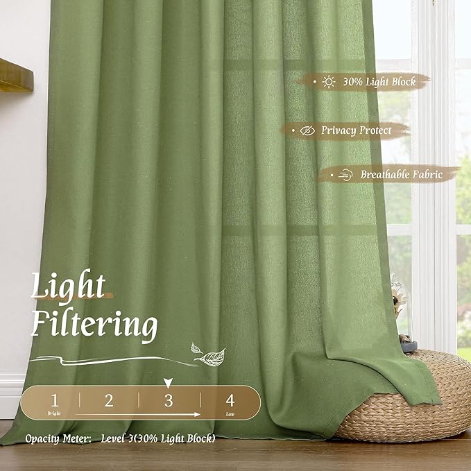 LAMIT Faux Linen Curtains 63 inches Long for Bedroom, Rod Pocket Thick Linen Drapes Light Filtering Privacy Window Spring Decor Curtains for Living Room, 2 Panels (52 x 63 Inch, Green)