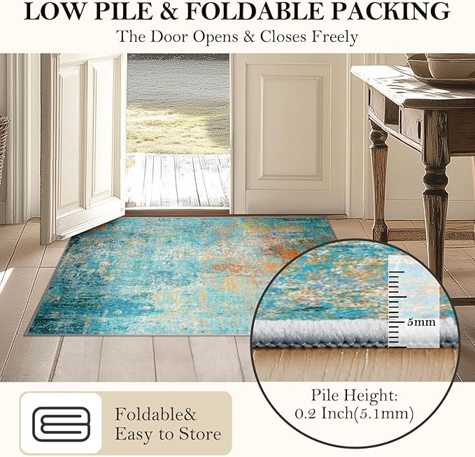 Washable Area Rugs 7'x9' Non-Slip Modern Abstract Soft for Living Room Entryway Bedroom Nursery, Print Pattern, Teal Blue Green Orange Rust Red Coloreful