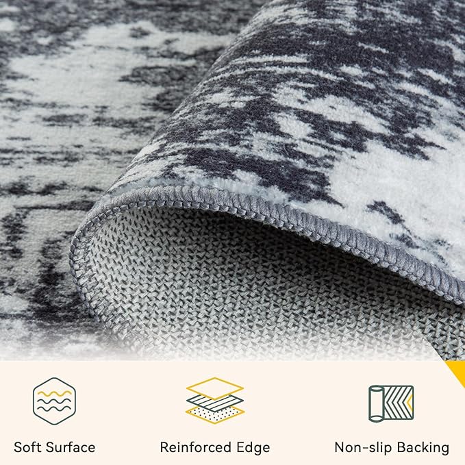 Washable Area Rugs 2'x6' Non-Slip Modern Abstract Soft for Living Room Entryway Bedroom Nursery, Print Pattern, Black Navy Blue Gray