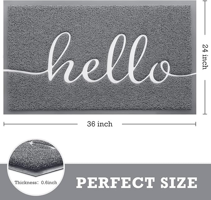 CozyBounty Door Mat Hello Mats Outdoor Indoor Non-Slip Doormat for Entryway Low-Profile Floor Mat for Yard, Garage, High Traffic Areas (36"x24", Grey)