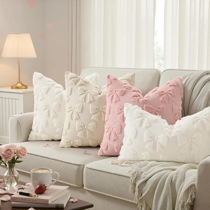 decorUhome Beige Bow Pillow Covers Set of 2 Coquette Aesthetic Cute Preppy Plush Faux Pillowcases for Girly Bedroom or Couch 18x18 Inch