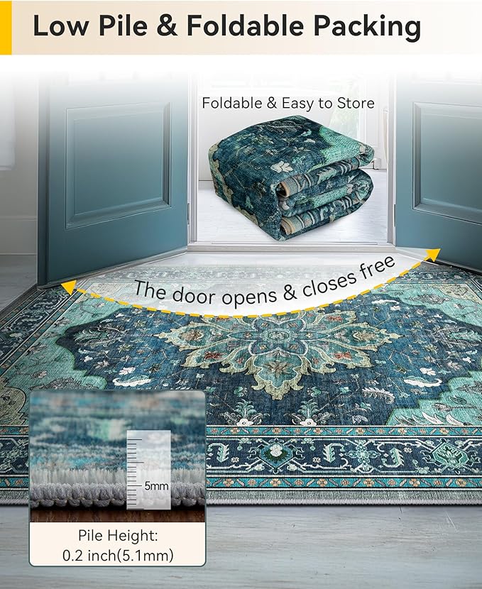 Area Rugs 3'x7' Runner Rug Non Slip Washable for Kitchen Hallway Bedroom Beside Laundry Room Bathroom Rug, Floor Carpet, Teal Green Lake Blue Turquoise