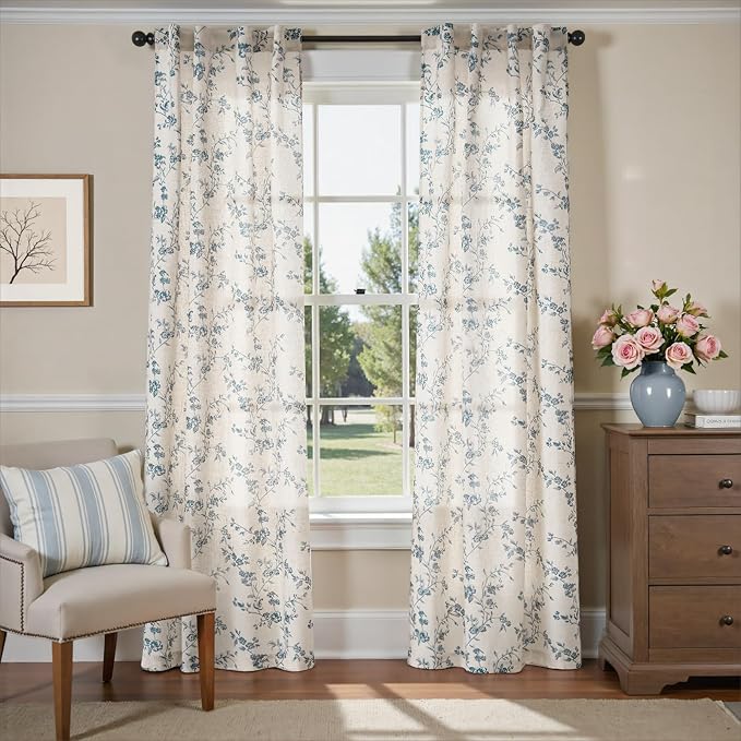 Lazzzy Blue Floral Linen Curtains 96 Inch Farmhouse Back Tab Drapes for Living Room Bedroom Light Filtering Vintage Grandmillennial Rod Pocket Curtains, 2 Panels, W38 x L96, Blue on Beige