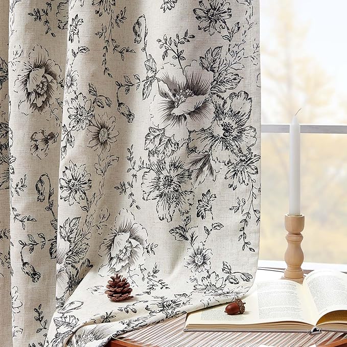 jinchan Blackout Floral Curtains for Living Room Bedroom Linen Blend Curtain Farmhouse Black Printed with Lined Back Tab Rod Pocket Drapes Window Treatments 2 Panels 96 Inch