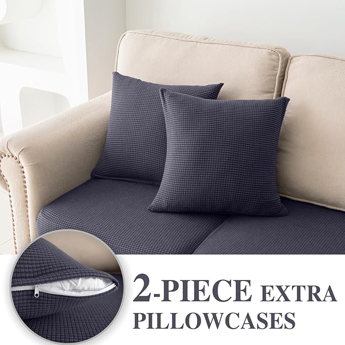 Couch Cushion Covers for Sectional Sofa L Shape Washable Separate Seat Chaise Couch Cover Stretch Sofa Slipcovers with 2 Pcs Pillowcases(2 Seater + 1 Chaise, Dark Grey)
