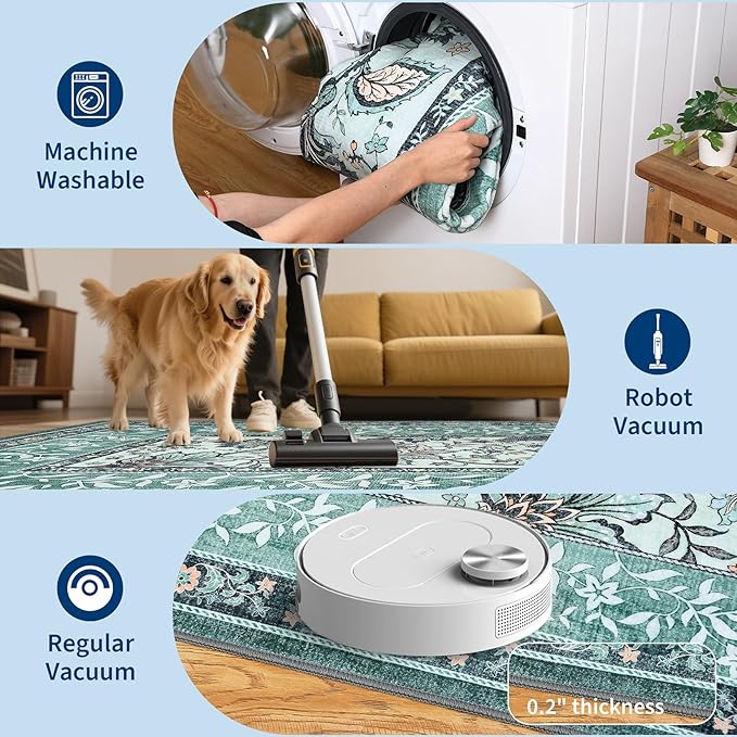 GarveeHome Teal 8x10 Area Rugs for Living Room, Botanical Grove Cottagecore Washable Rug for Bedroom Dining Nursery Low-Pile Vintage Large Carpet