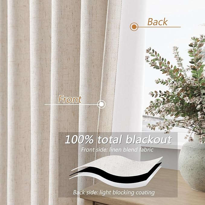 Guken 100% Blackout Linen Curtains 90 Inch Length 2 Panels Set for Living Room Bedroom Back Tab Thermal Insulated Black Out Drapes Room Darkening Farmhouse Window Curtains 90 Inches Long