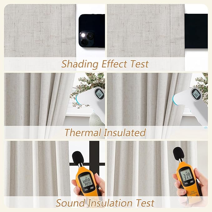 Guken Light Beige Linen 100% Blackout Curtains 96 Inches Long Floor to Ceiling Drapes for Bedroom, Rustic Farmhouse Room Darkening Winter Thermal Insulated Black Out Sliding Door Curtain, 52x96