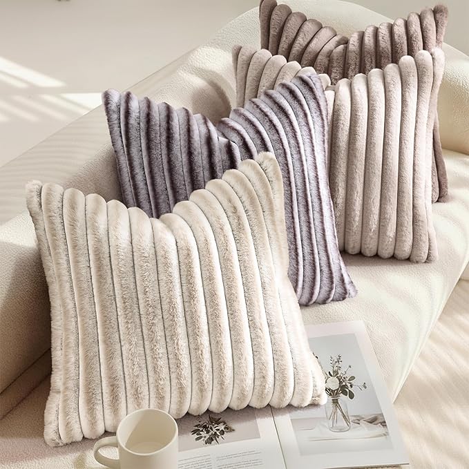 decorUhome Cozy Faux Fur Throw Pillow Covers 26x26 Set of 2 Decorative Soft Plush Striped Modern Farmhouse Boho Couch Euro Sham Pillow Cases with Velvet Back for Sofa Bed Living Room, Tan