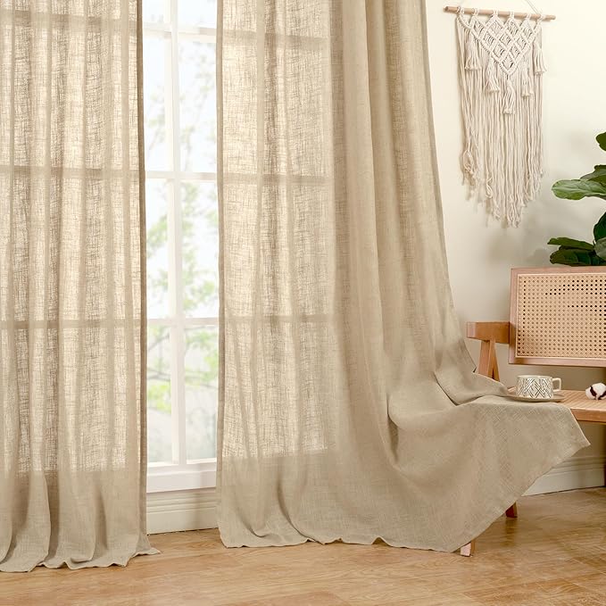 LAMIT Brown Linen Curtains 84 inch Length 2 Panels, Light Filtering Semi Sheer Panels Back Tab and Rod Pocket Boho Neutral Drapes for Bedroom/Living Room, 34 x 84 Inch