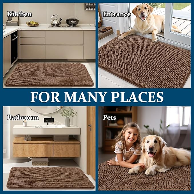 OLANLY Dog Door Mat for Muddy Paws 59x24, Absorbs Moisture and Dirt, Absorbent Non-Slip Washable Doormat, Quick Dry Chenille Mud Mat for Dogs, Entry Indoor Entryway Carpet for Inside Floor, Mocha
