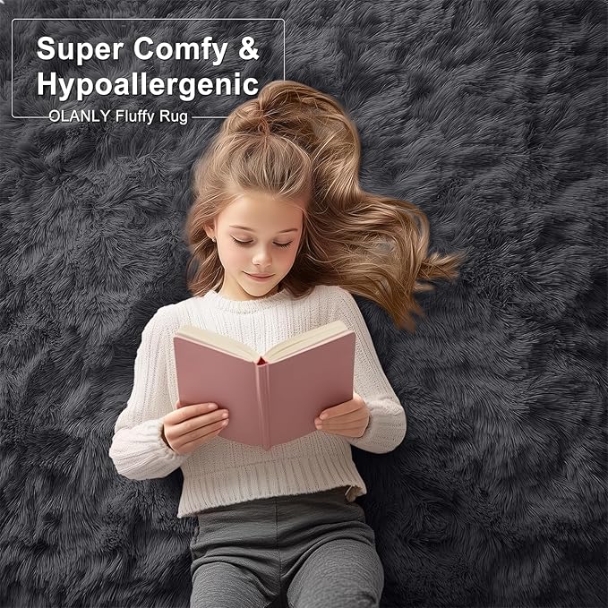 OLANLY 6x8 Machine Washable Large Area Rugs for Living Room, Bedroom, Soft Fluffy Shaggy Bedside Rug, Indoor Floor Carpet for Kids Girls and Boys, Dorms, Nursery, Home Decor Aesthetic, Black