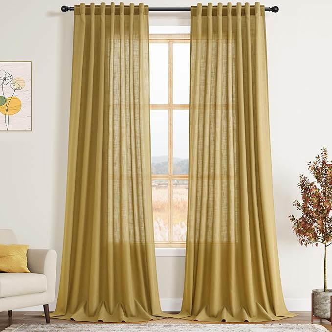 Nanspring Gold Linen Curtains 102 Inches Long Rod Pocket Back Tab Drapes 2 Panels Set for Living Room Bedroom Light Filtering Semi Sheer Gold Curtain 102 Length for Patio Door 52x102