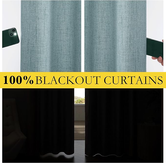 NICETOWN 100% Absolutely Blackout Linen Curtains with Thermal Insulated Liner, Skylark Blue, 62" Wide, 102" Length Energy Saving Curtains for Living Room 2 Panels Set, Vertical Blinds
