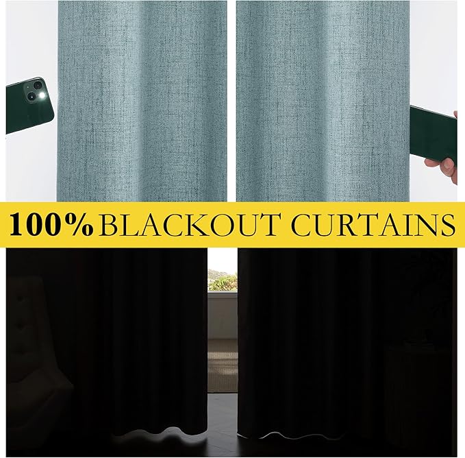 NICETOWN 100% Absolutely Blackout Linen Curtains with Thermal Insulated White Liner, Skylark Blue, 52 inches Wide, 90 inches Length Energy Saving Curtains for Living Room 2 Panels Set, Vertical Blinds