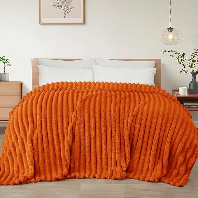 Exclusivo Mezcla Twin Size Flannel Fleece Blanket, Super Soft Striped Jacquard Bed Blanket, Lightweight Fuzzy Cozy for All Seasons, 60x80 Inches, Burnt Orange