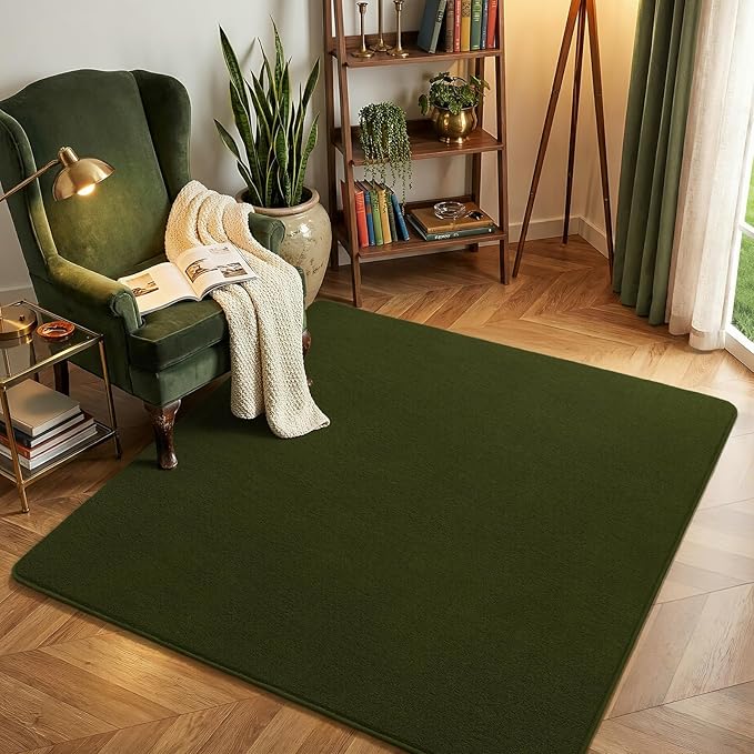 Amearea 5x5 Square Area Rugs for Bedroom Living Room, Olive Green Thickened Memory Foam Rug, Fluffy Indoor Washable Rugs Non Slip Minimalist Carpet for Kids Boys Girls Dorm Nursery Room Decor
